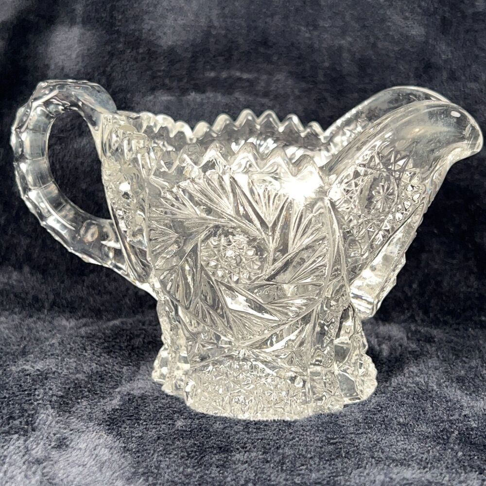 Antique ABP Cut Glass Creamer Pitcher Hobstar Pinwheel Crystal Sawtooth Edge